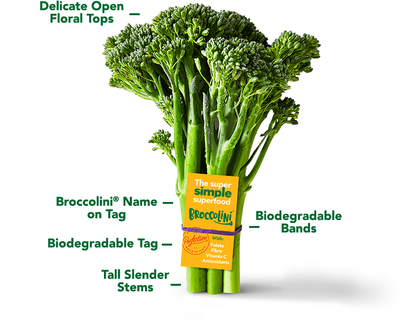 A bunch of broccolini with a tag.