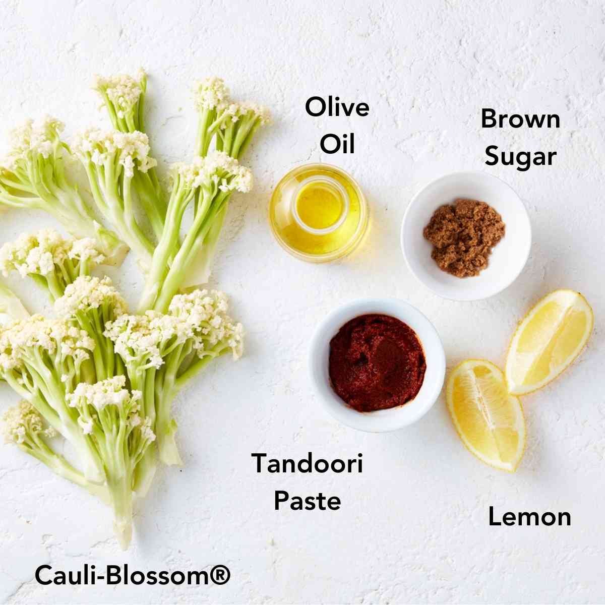 Ingredients labelled and placed on a white background. 